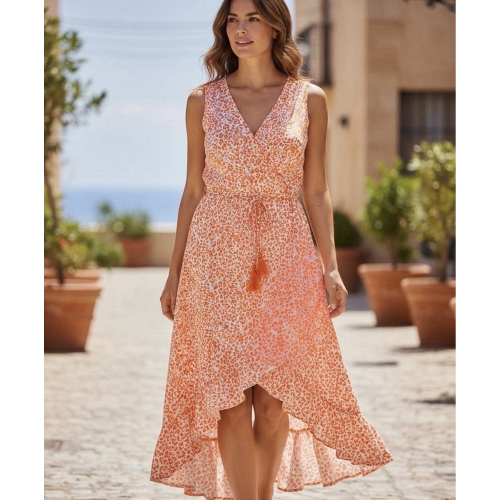 Tommy Bahama Coral & White Print Sleeveless Hi/lo Hem Women's Dress